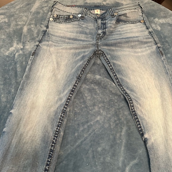 True Religion Blue Straight Leg Jeans with Faded Wash